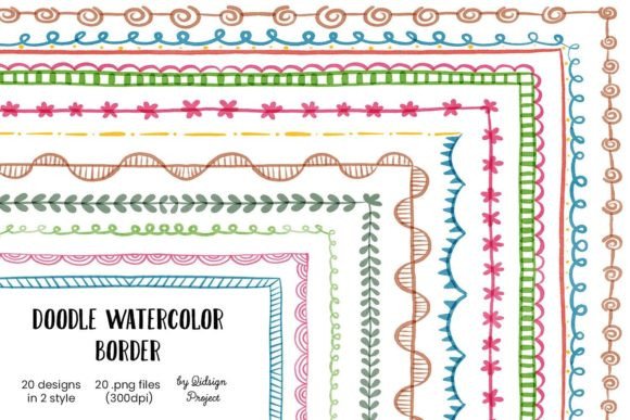20 Doodle Watercolor Border for Creative Projects