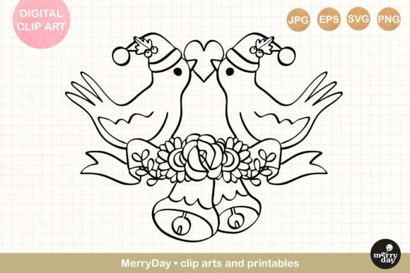 Christmas Birds and Bells Line Art